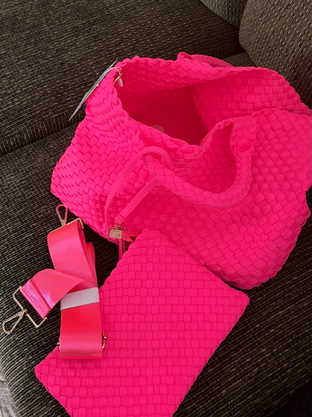 Ah dorned Hot Pink Woven Tote Bag with Matching Pouch - Women Bags - Picture 3 of 7